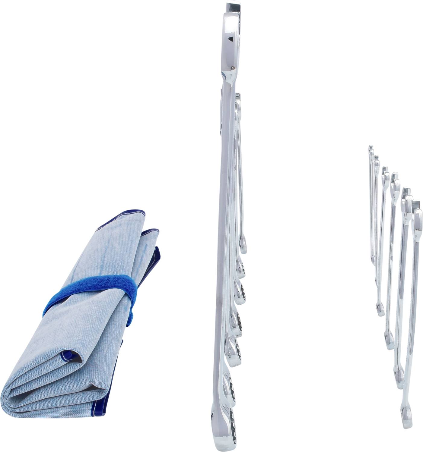 Campingbesteck-Set: Enthält Messer, Gabel, Löffel mit blauer Stoffhülle. Ideal für Outdoor-Aktivitäten und platzsparend verstaubar.