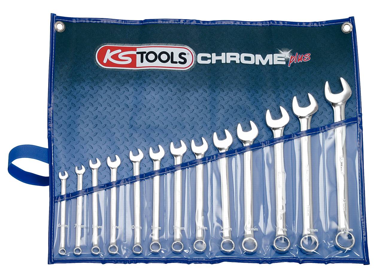 Ein Satz Ringmaulschlüssel in verschiedenen Größen, geordnet in einer blauen Werkzeugrolle mit der Aufschrift 'KS Tools Chrome Plus'.