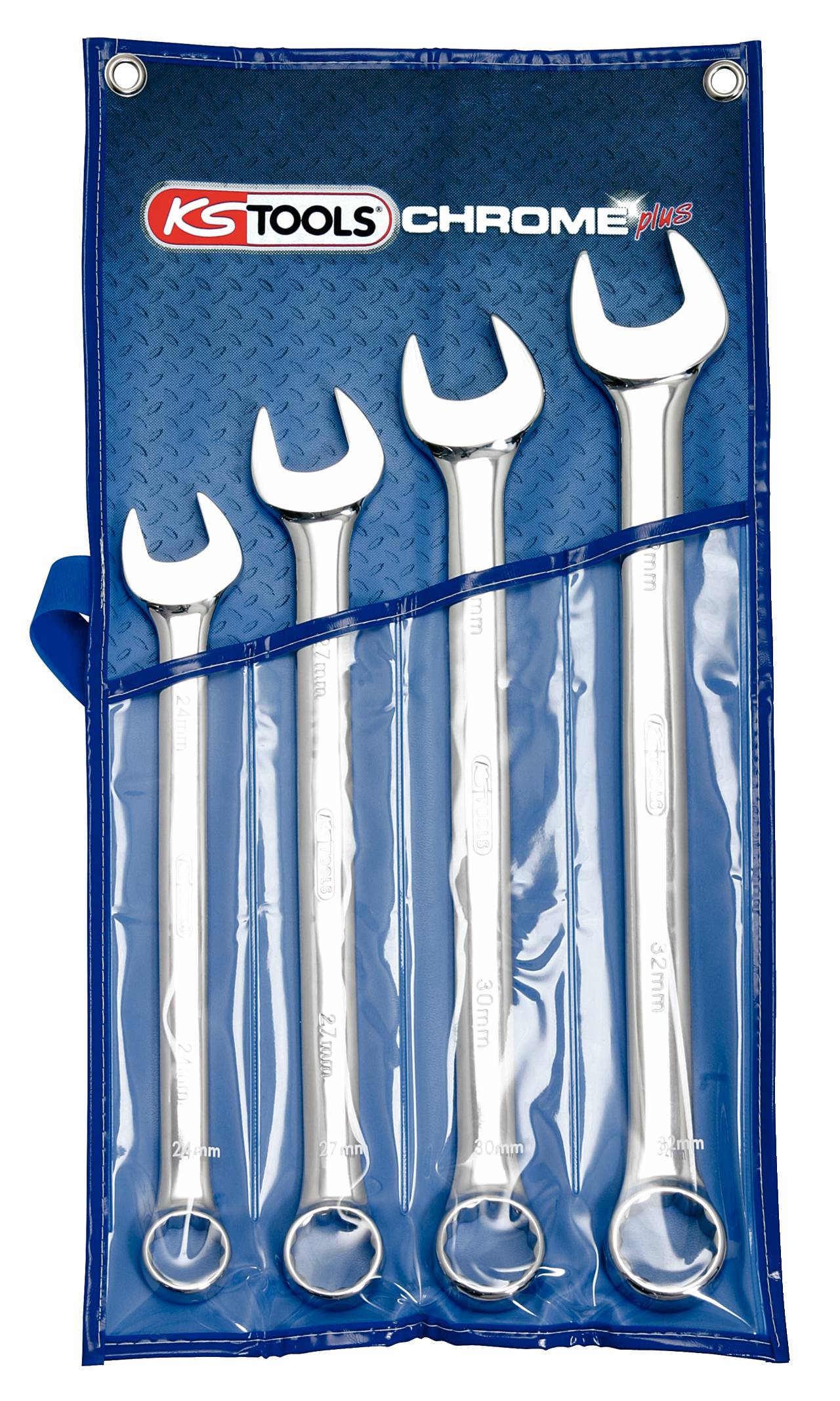 Eine blaue Werkzeugtasche mit vier silbernen Maul-Ringschlüsseln in verschiedenen Größen.