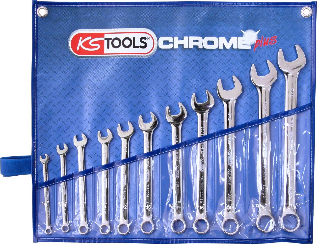 Satz von zwölf Schraubenschlüsseln unterschiedlicher Größe in blauer Halterung. Aufdruck: KS TOOLS CHROME plus.