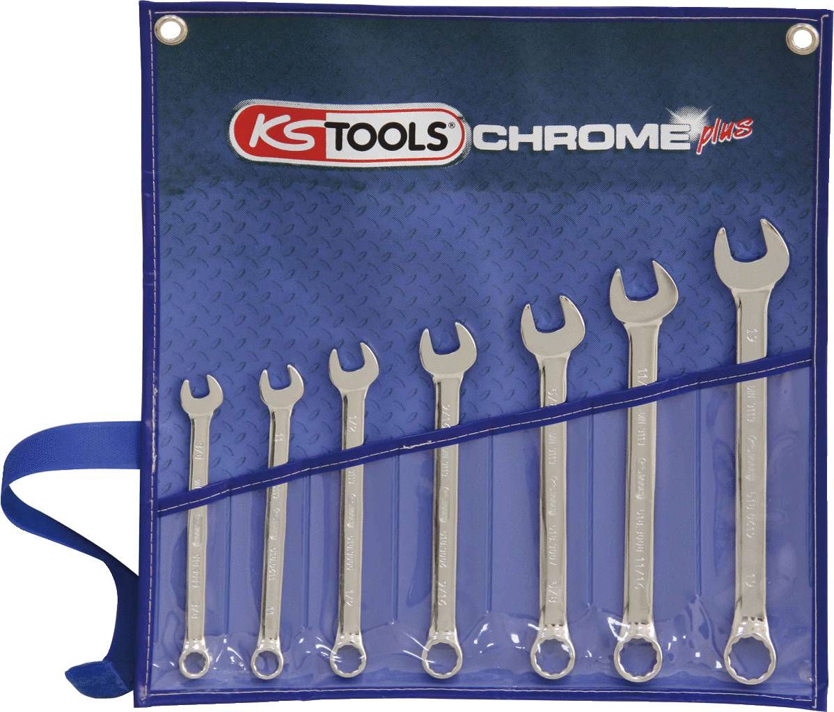 Satz von sieben Maulschlüsseln in verschiedenen Größen, in einer blauen, aufklappbaren Werkzeugtasche von 'KS Tools Chrome Plus'.