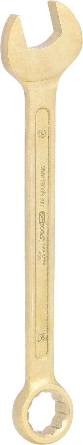 Ein vergoldeter Ringmaulschlüssel in der Größe 19, mit einer offenen und einer ringförmigen Seite, geeignet für Schraubarbeiten.
