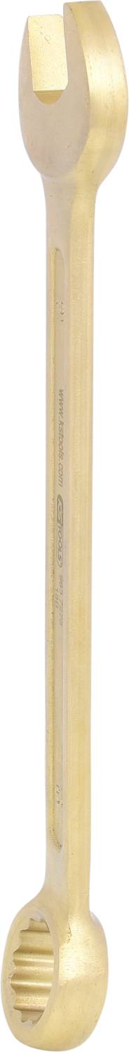 Ein goldener Schraubenschlüssel mit offener und geschlossener Maulöffnung, vor weißem Hintergrund. Hauptwerkzeug in mechanischen Anwendungen.