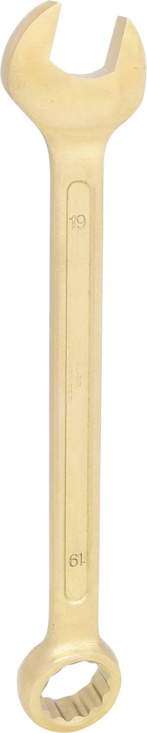 Ein goldfarbener Schraubenschlüssel mit offenem Maul an einem Ende und Ringschlüssel am anderen. Markierungen '19' und '19'.