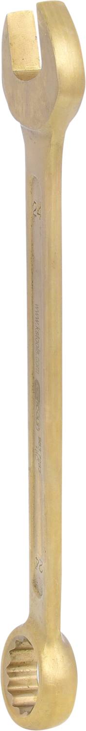 Ein goldener Maulschlüssel mit einem offenen Ende und einem Ringschlüssel, geeignet für Mechanikerarbeiten oder DIY-Projekte.