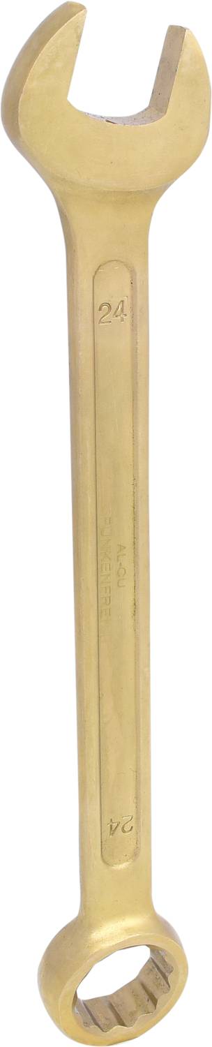 Ein goldener Schraubenschlüssel mit offener Maulseite am oberen Ende und Ringschlüssel am unteren Ende.