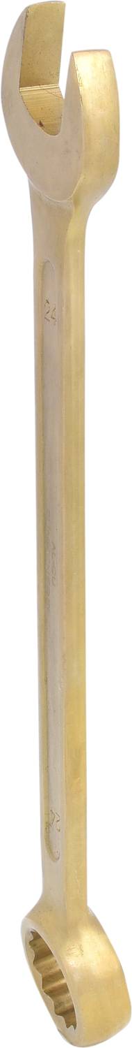 Ein vergoldeter Kombinationsschlüssel, zeigt eine offene Backe am einen Ende und einen Ringschlüssel am anderen, aufrecht stehend.