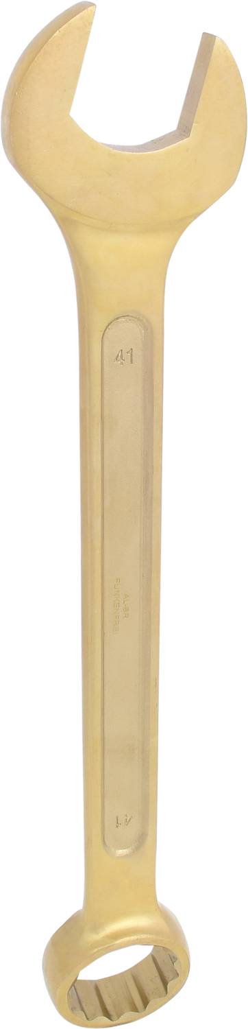 Ein goldfarbener Schraubenschlüssel mit einem offenen und einem Ringschlüsselkopf. Entworfen für professionelle und robuste Anwendungen.