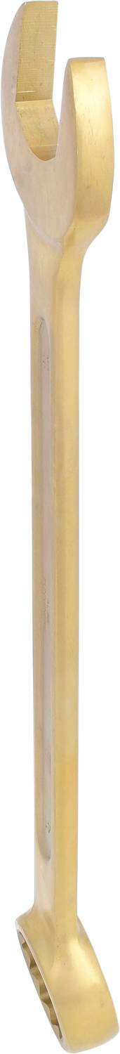 Ein goldener, gewinkelter Schraubenschlüssel mit einem offenen Ende und einem gezackten Fuß, geeignet für besondere Anwendungen.