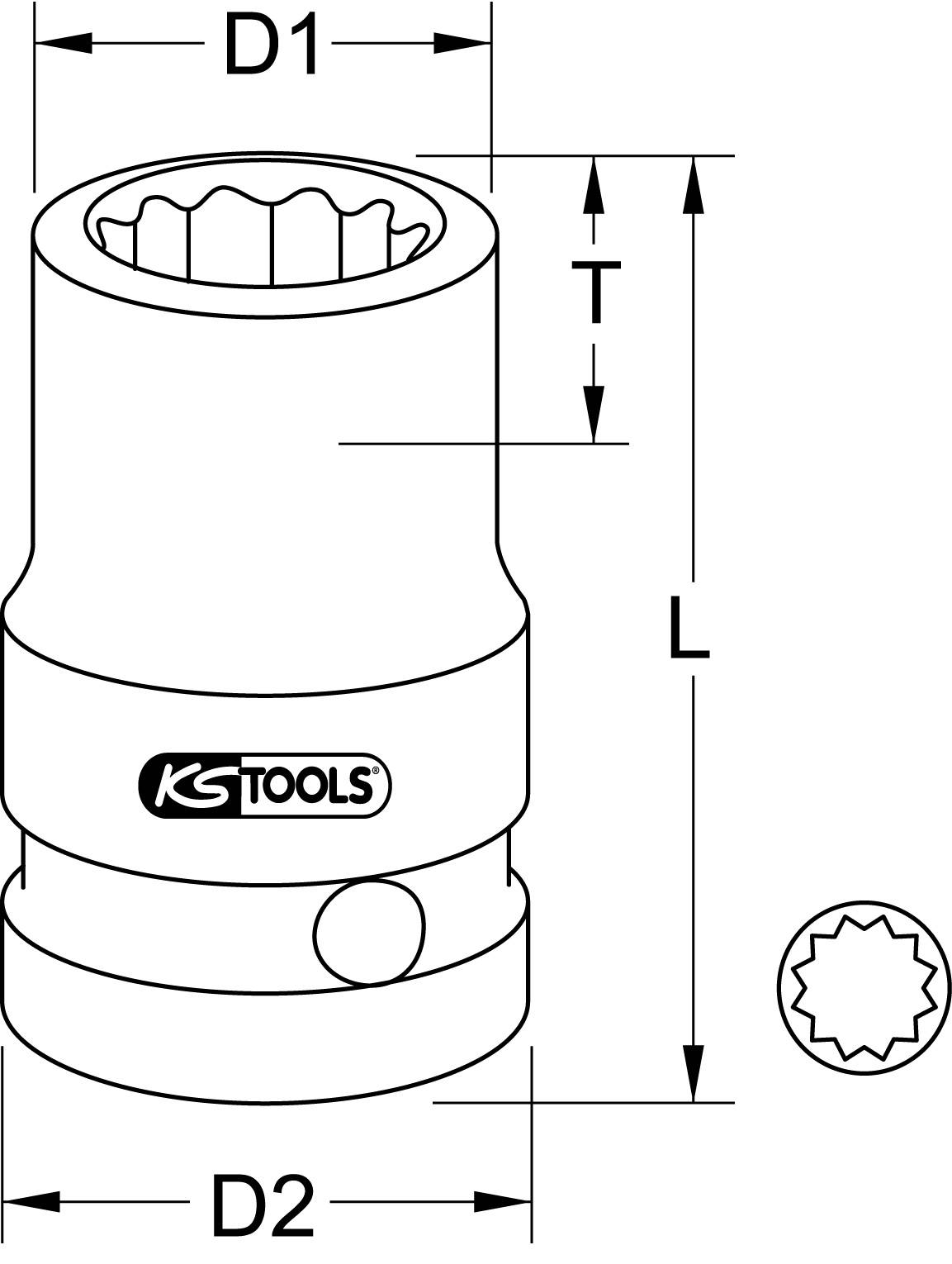 Illustration eines Steckschlüssels mit den Maßen D1, D2, T und L, sowie KS Tools Logo. Ansicht zeigt Profil und sechskantige Öffnung.