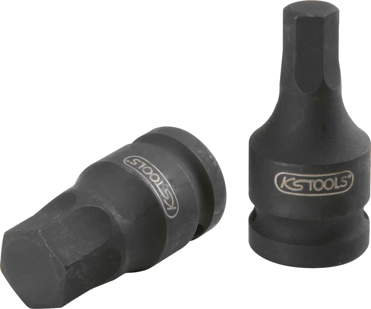 Zwei schwarze Steckschlüsseleinsätze mit 'KS TOOLS'-Logo, einer stehend, einer liegend. Sie sind sechseckig und unterscheiden sich in der Form.