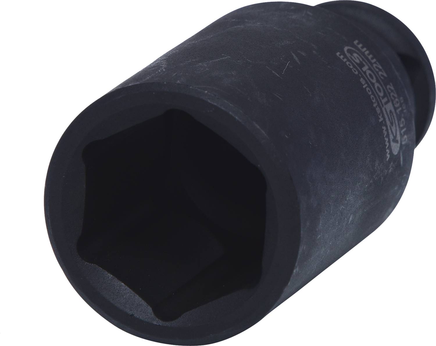 Ein schwarzer Sechskantschlüssel aus Metall, liegend mit der Öffnung nach vorne, zeigt die hexagonale Form für Schraubenanpassung.