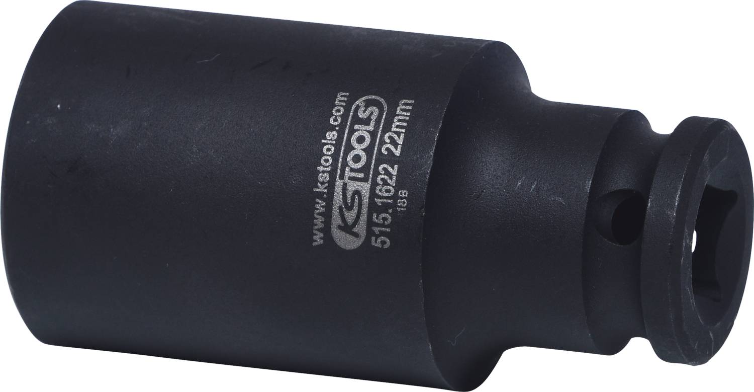 Schwarzer Steckschlüssel, beschriftet mit 'Kstools 515.1622 22mm'. Werkzeug zur Schraubbefestigung, zylindrische Form.