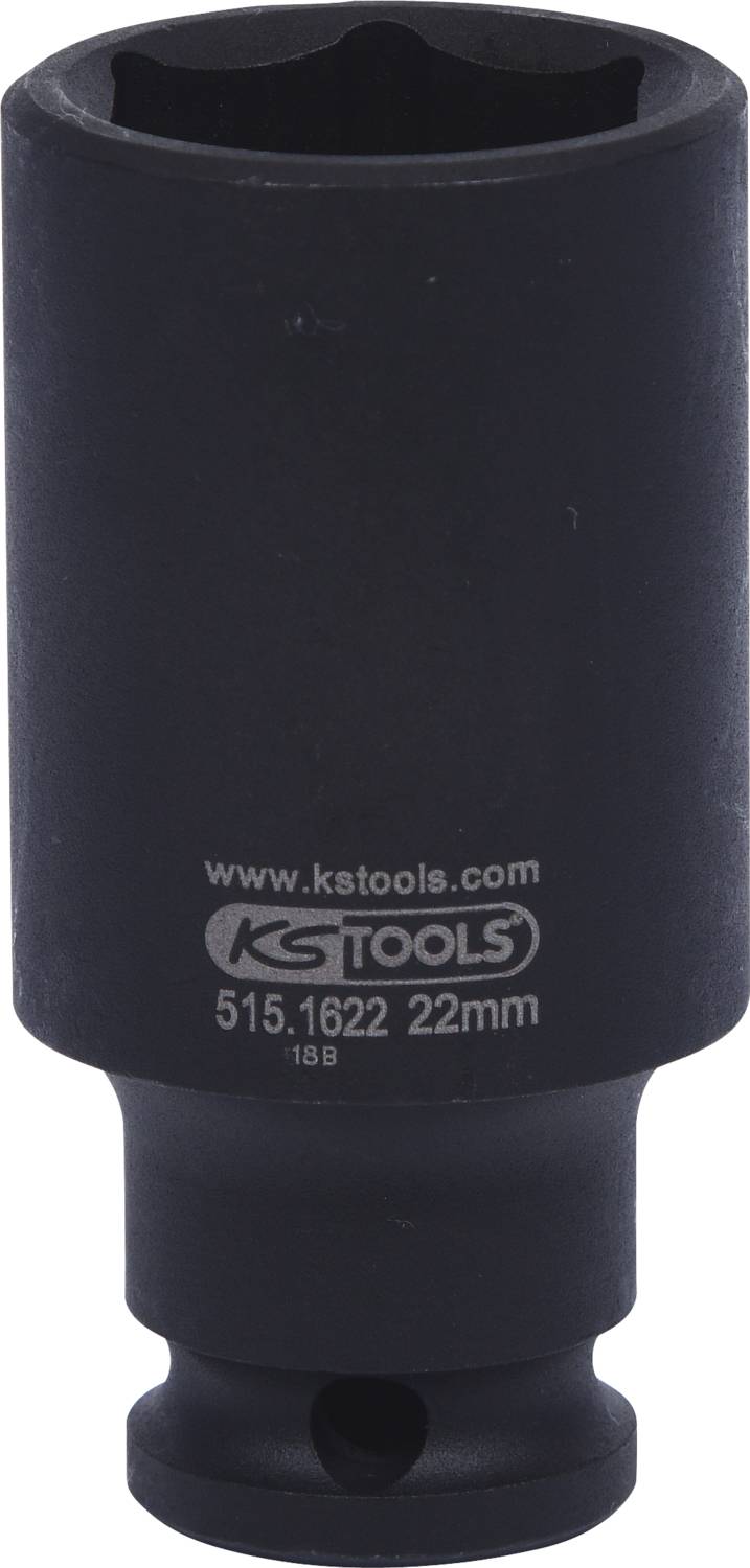 Schwarze KS Tools Stecknuss mit Aufschrift 'www.kstools.com 515.1622 22mm', verwendet für Schraubarbeiten.
