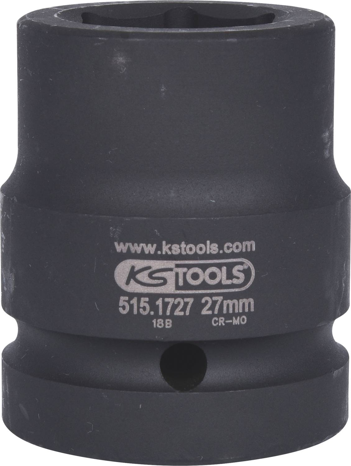 Eine schwarze Stecknuss der Marke KS Tools mit der Größe 27 mm. Auf der Oberfläche sind Produktnummer und Webseite aufgedruckt.