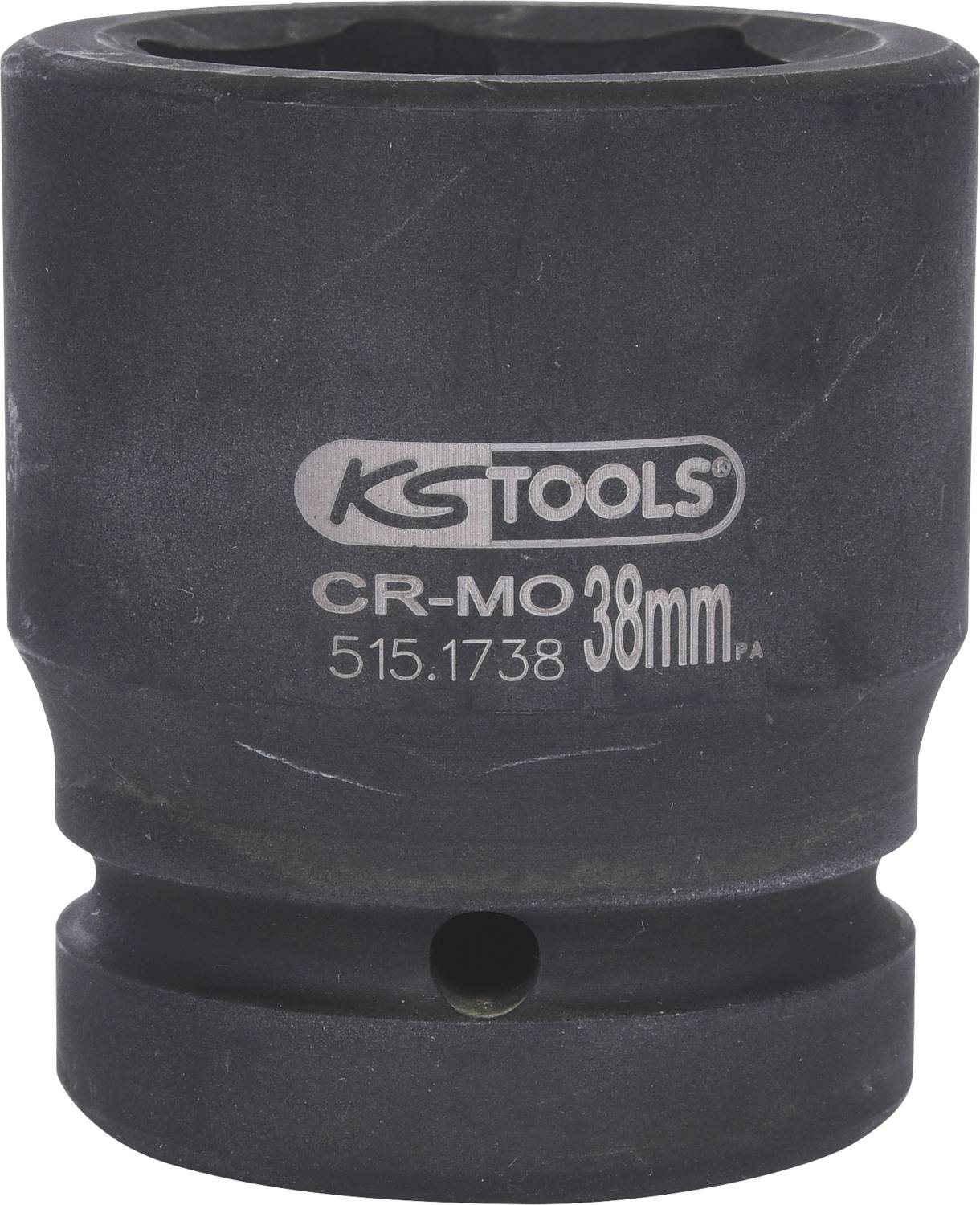 Eine schwarze Nuss mit der Aufschrift 'KS Tools CR-MO 38mm', geeignet für Werkzeuge, zeigt Verschleißspuren, Fokus auf Markenname.