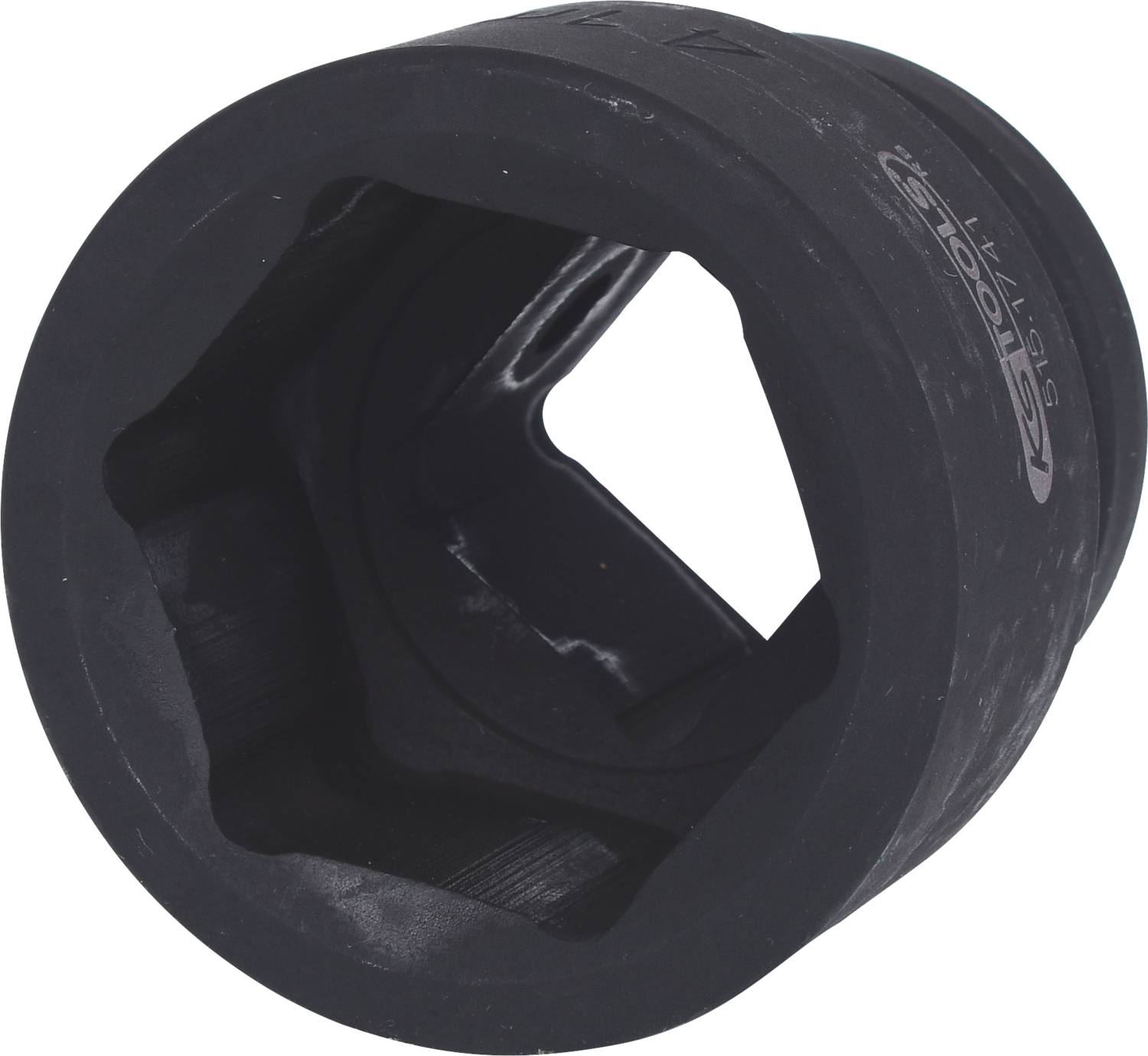 Eine große schwarze Steckschlüssel-Nuss mit sechseckigem Innenprofil, geeignet für schwere Befestigungsanwendungen.