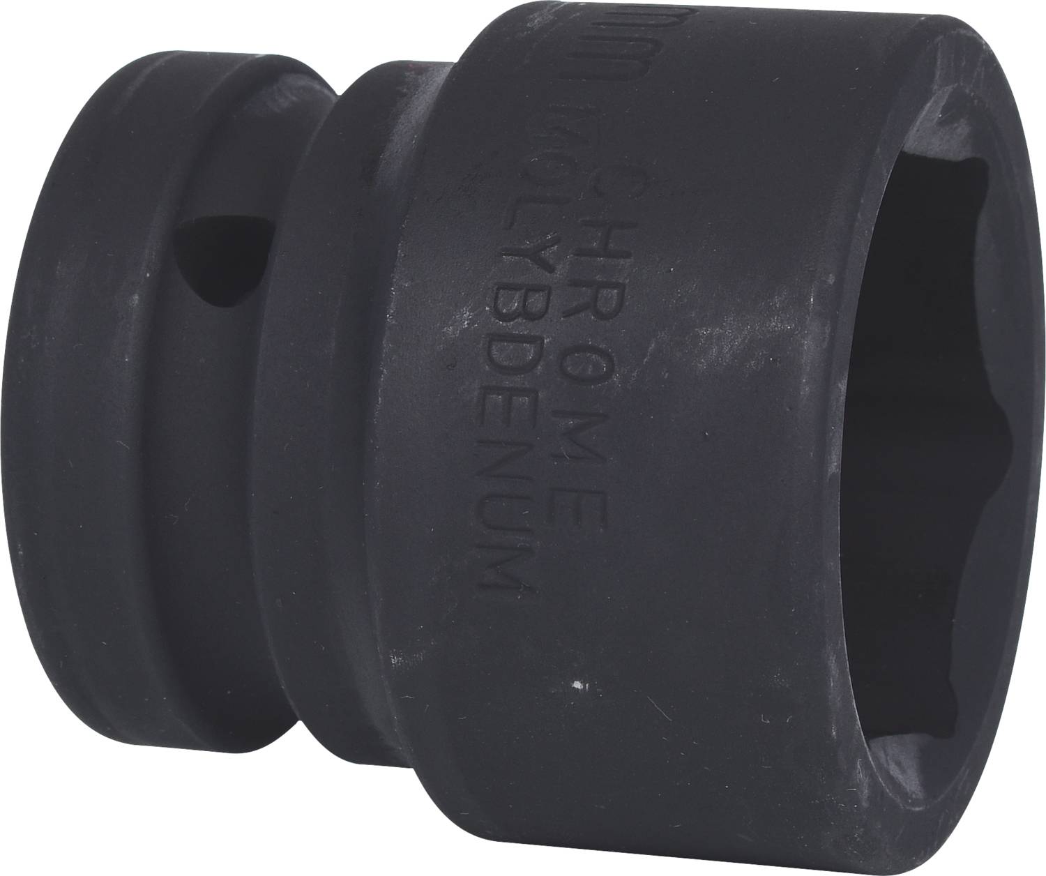 Eine schwarze Stecknuss aus Chrom-Molybdän-Stahl mit einer Sechskantöffnung, hauptsächlich für die Verwendung mit Druckluftschraubern geeignet.