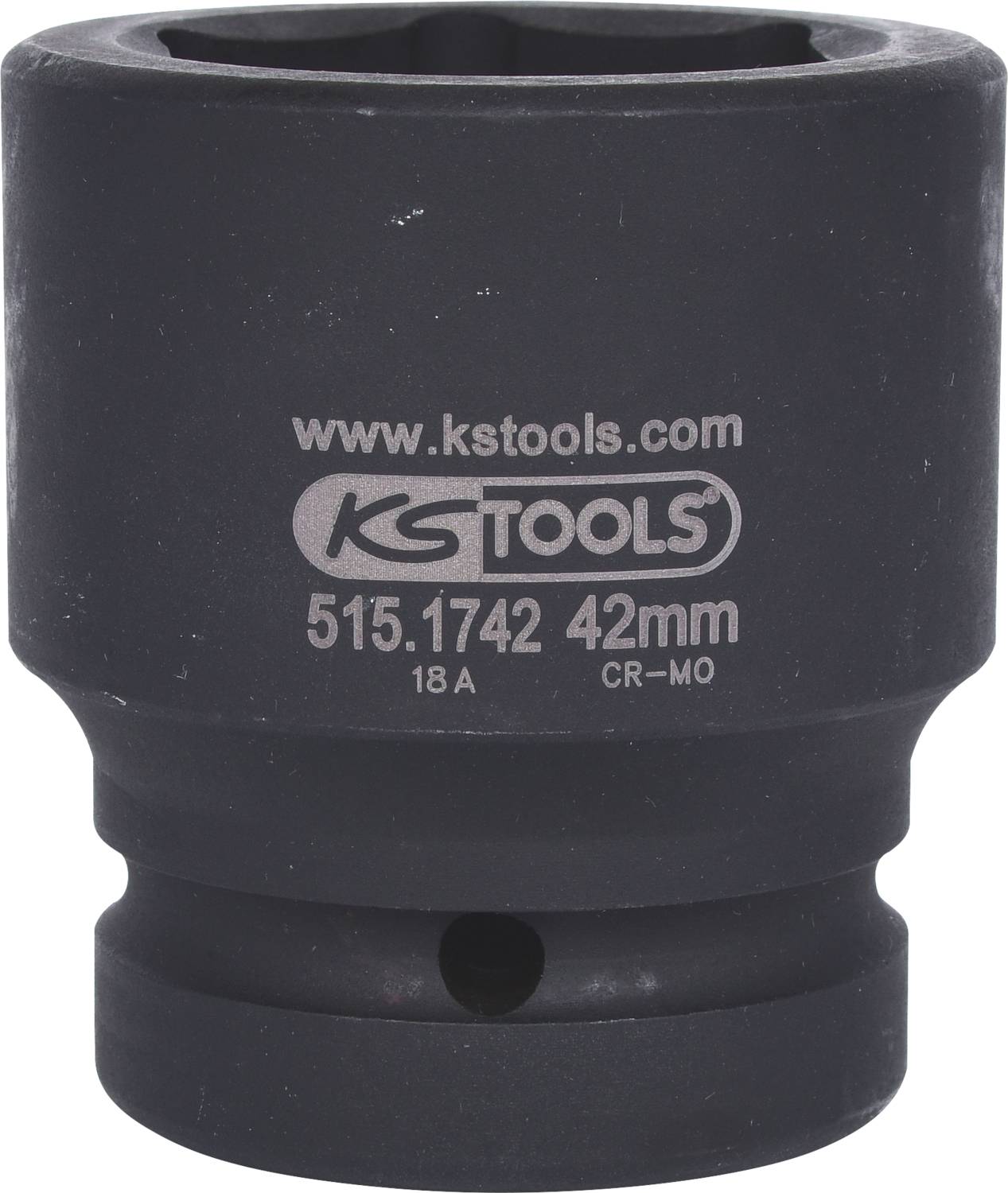 Abgebildet ist eine schwarze Stecknuss mit der Aufschrift 'www.kstools.com', '515.1742', '42mm', '18A', 'CR-MO'.