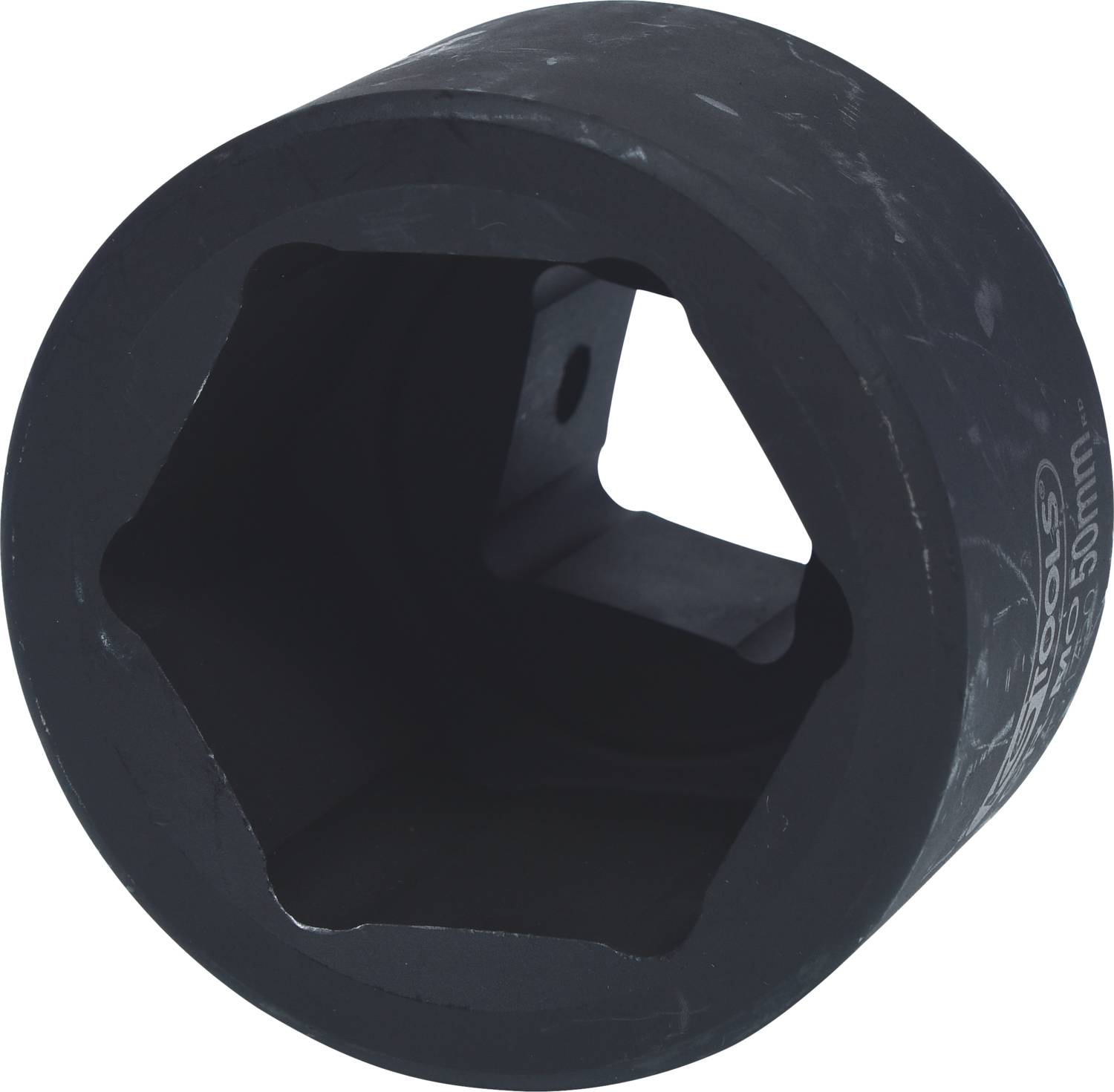Ein großer, schwarzer Sechskant-Steckschlüssel mit einer Innensechskantöffnung, geeignet für große Schrauben oder Muttern.