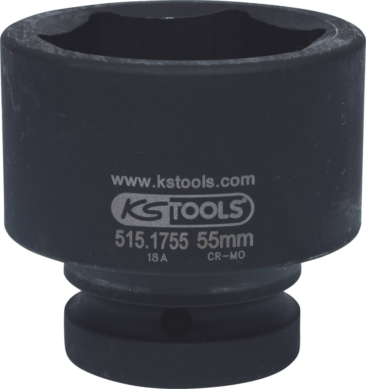'KS Tools'-Schlagschrauber-Nuss, 55 mm, Modellnummer 515.1755. Aus schwarzem Material gefertigt. Website und Modellinformationen aufgedruckt.
