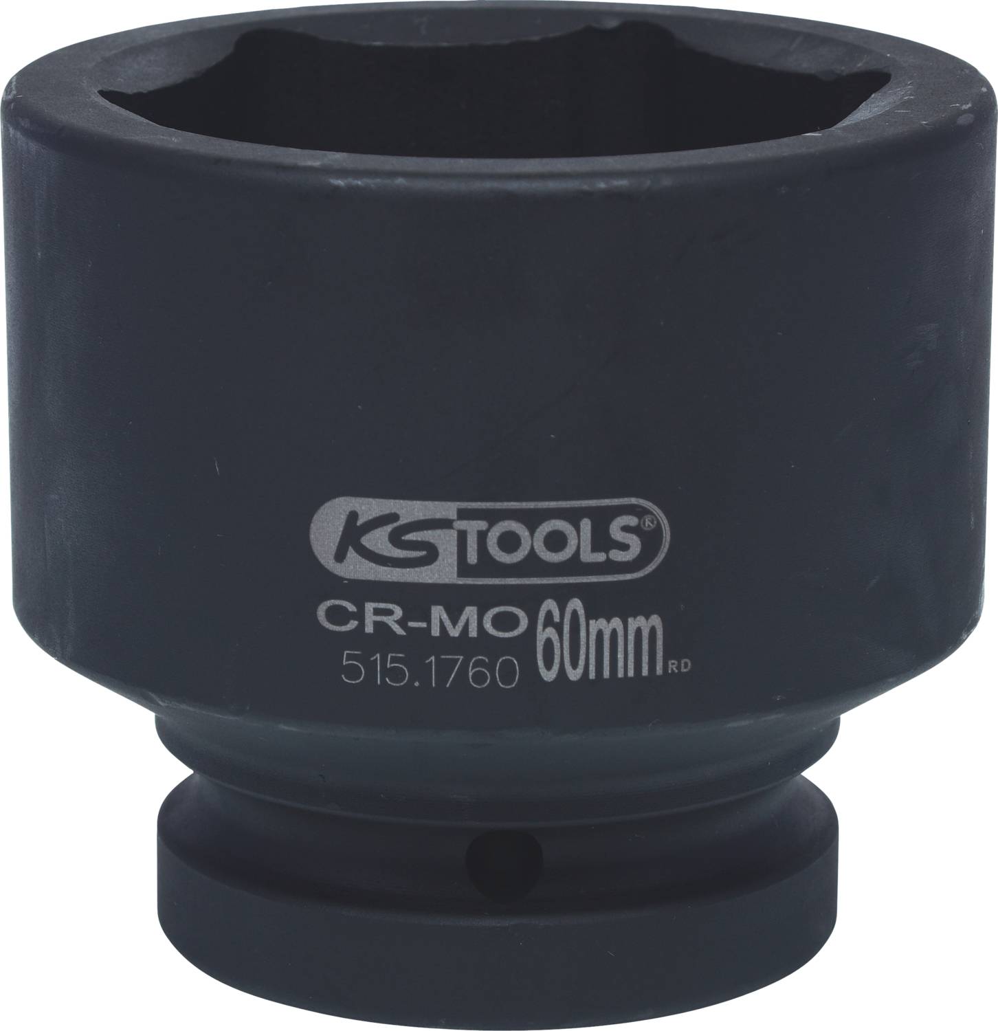 Eine schwarze Stecknuss mit der Aufschrift 'KS Tools CR-MO 60mm 515.1760 RD', geeignet für mechanische Anwendungen.