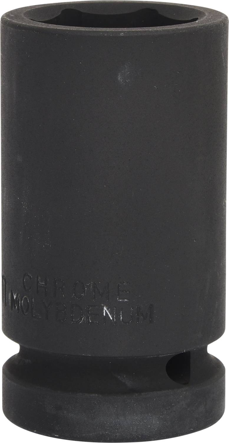 Eine schwarze Stecknuss aus Chrom-Molybdän-Stahl, geeignet für leistungsstarke Anwendungen, vor einem neutralen Hintergrund.