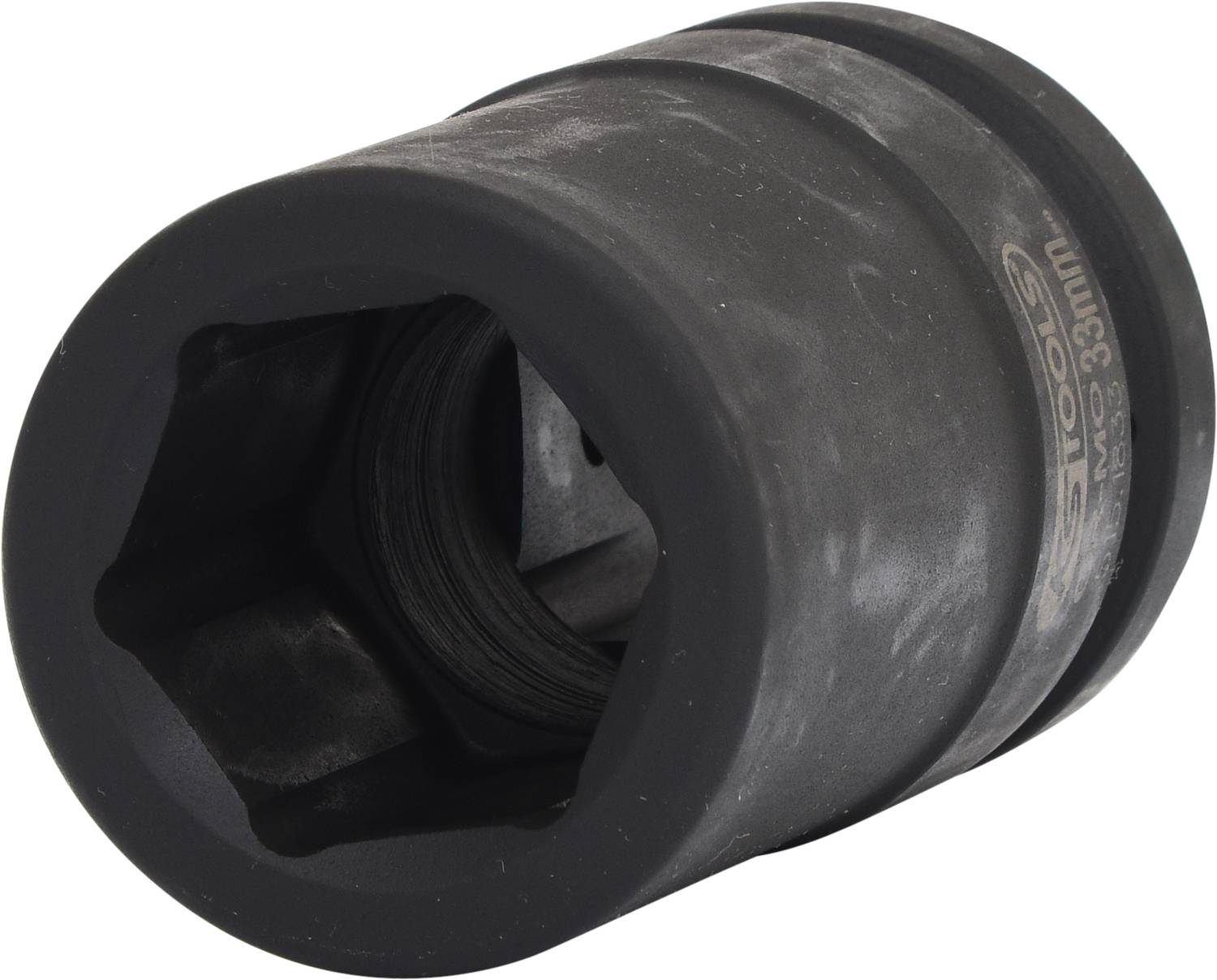 Eine schwarze Sechskant-Nuss, 30 mm, aus robustem, metallischen Material, geeignet für mechanische Arbeiten wie Schrauben- und Mutternmontage.