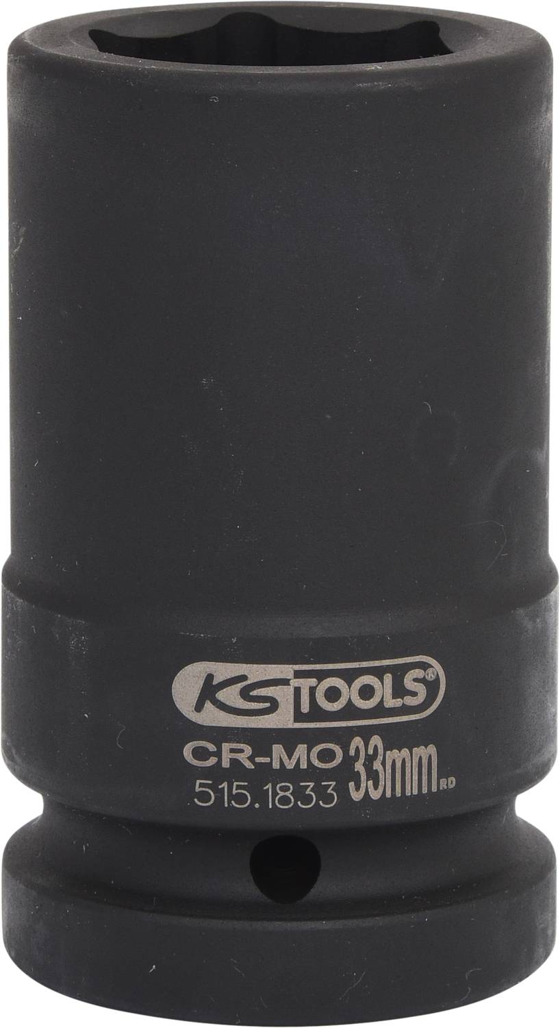 Schwarze Stecknuss mit 'KG Tools' und 'CR-MO 33mm' Aufschrift, geeignet für Steckschlüssel, Produkt aus stabilem Material.