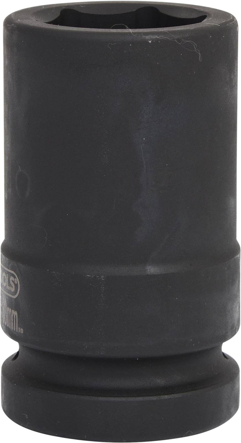 Ein schwarzer Steckschlüssel oder eine Nuss mit geriffelter Oberfläche und langem Schaft, typischerweise für Arbeiten mit Schrauben.