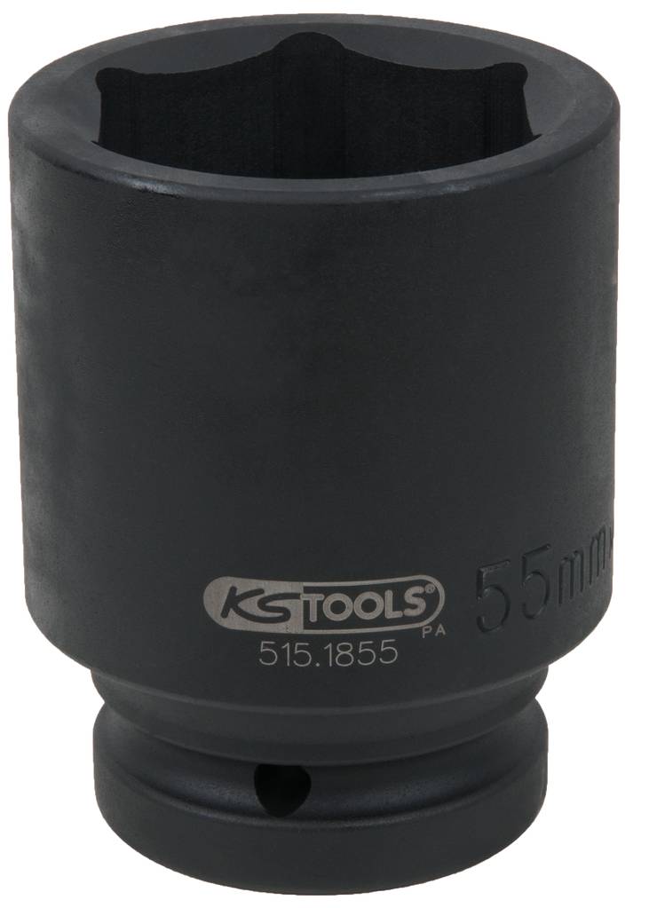 Eine schwarze Steckschlüsseleinsatz mit der Aufschrift 'KS Tools 55 mm'.