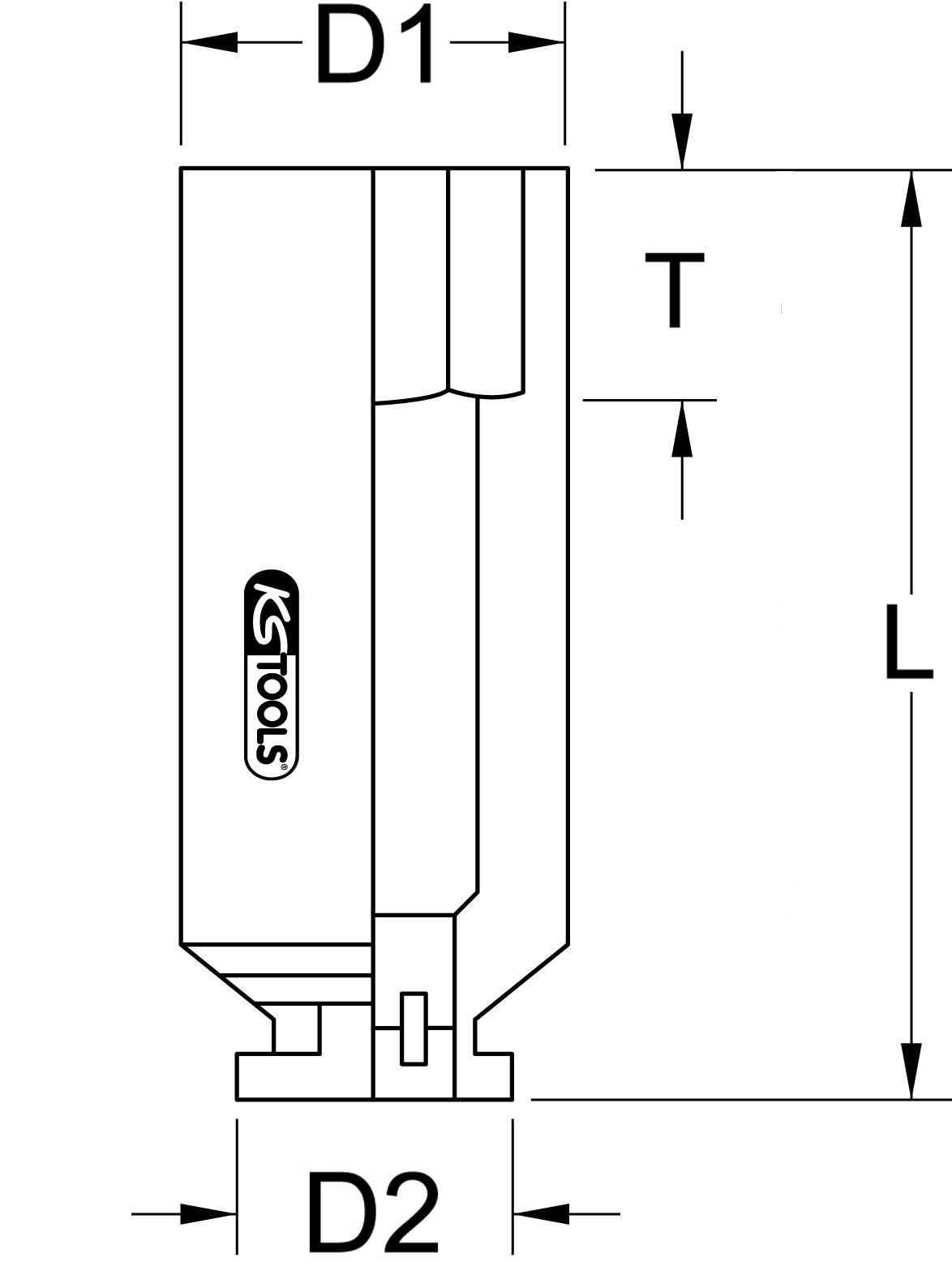 Schematische Zeichnung eines Werkzeugs mit den Maßen D1, D2, T und L. Die Marke 'KS TOOLS' ist zentral auf dem Werkzeug platziert.