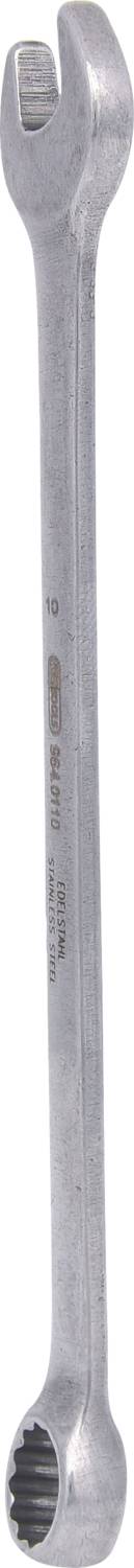 Ein silberner Schraubenschlüssel mit einer offenen und einer Ringschlüssel-Seite, senkrecht abgebildet.