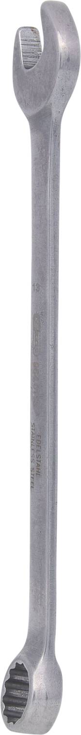 Ein silberner Gabelschlüssel mit einem offenen Ende und einem Ringende, verwendet zum Festziehen oder Lösen von Muttern und Schrauben.