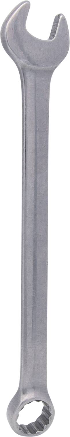 Ein silberner Schraubenschlüssel mit einem offenen Ende und einem Ringschlüssel Ende, geeignet für Reparaturen oder Montagen.