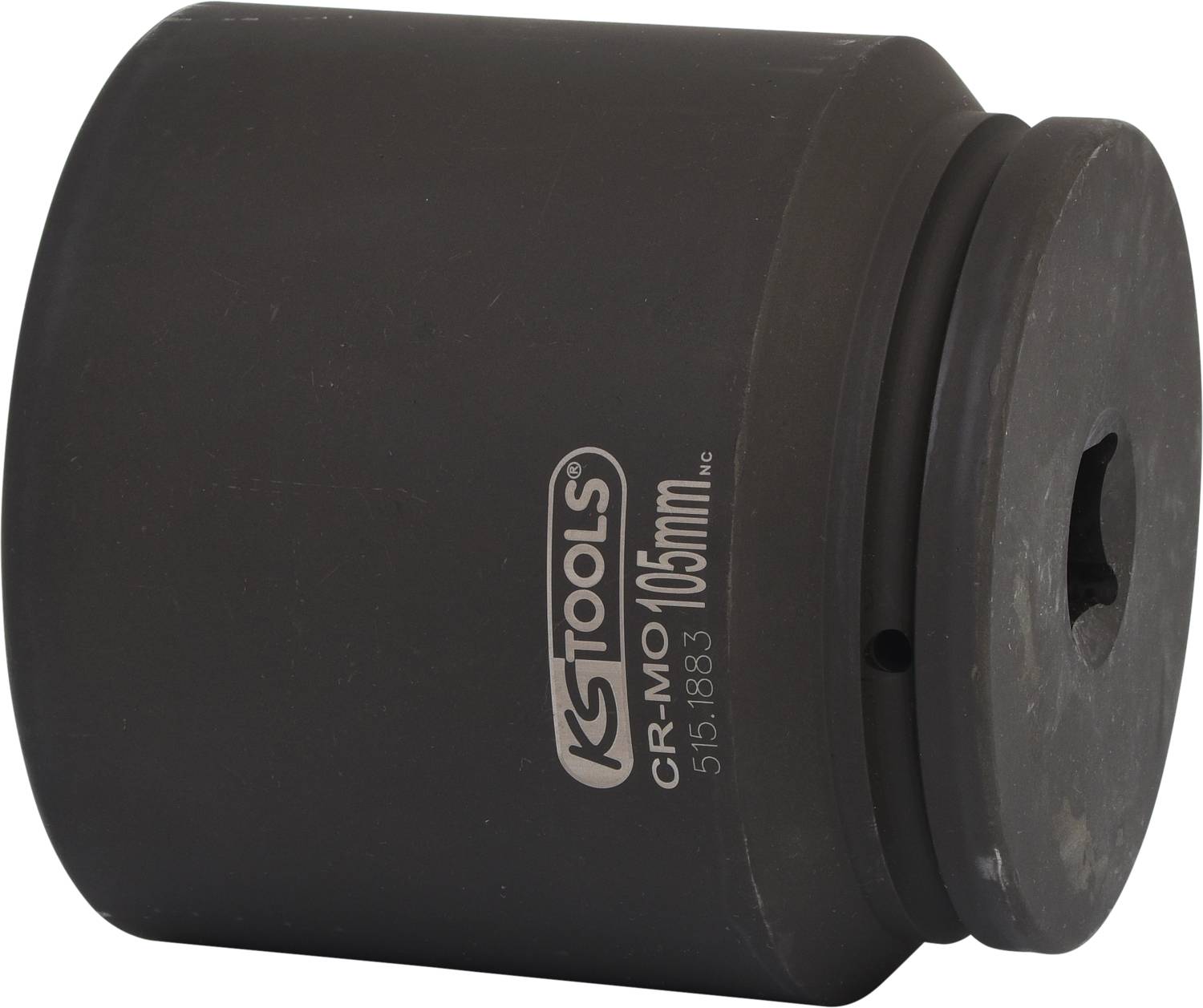 Schwarzer Aufnahmetopf mit Aufschrift 'KS TOOLS', 'CR-MO 105mm'. Zylinderform, robustes Material, professionelle Anwendung.