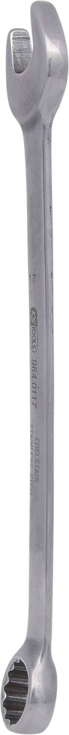 Ein silberner Schraubenschlüssel mit offener und Ringschlüssel-Seite zum Anziehen oder Lösen von Schraubverbindungen.