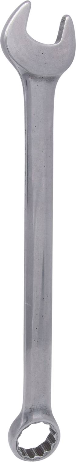 Ein silberner Schraubenschlüssel mit einem Ring- und einem Gabelkopf, geeignet für handwerkliche Arbeiten.