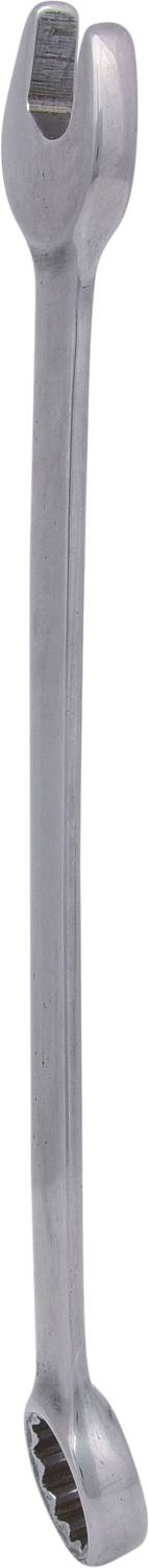 Ein silberner Schraubenschlüssel mit offenem und ringförmigem Ende, zum Festdrehen oder Lösen von Schrauben und Muttern.