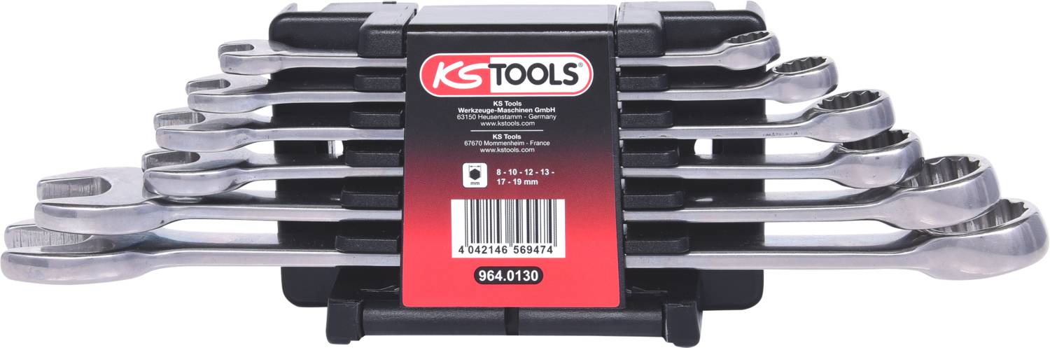 Satz mit acht Ringratschen-Schlüsseln in verschiedenen Größen, aufgereiht in einem schwarzen Halter von KS Tools.