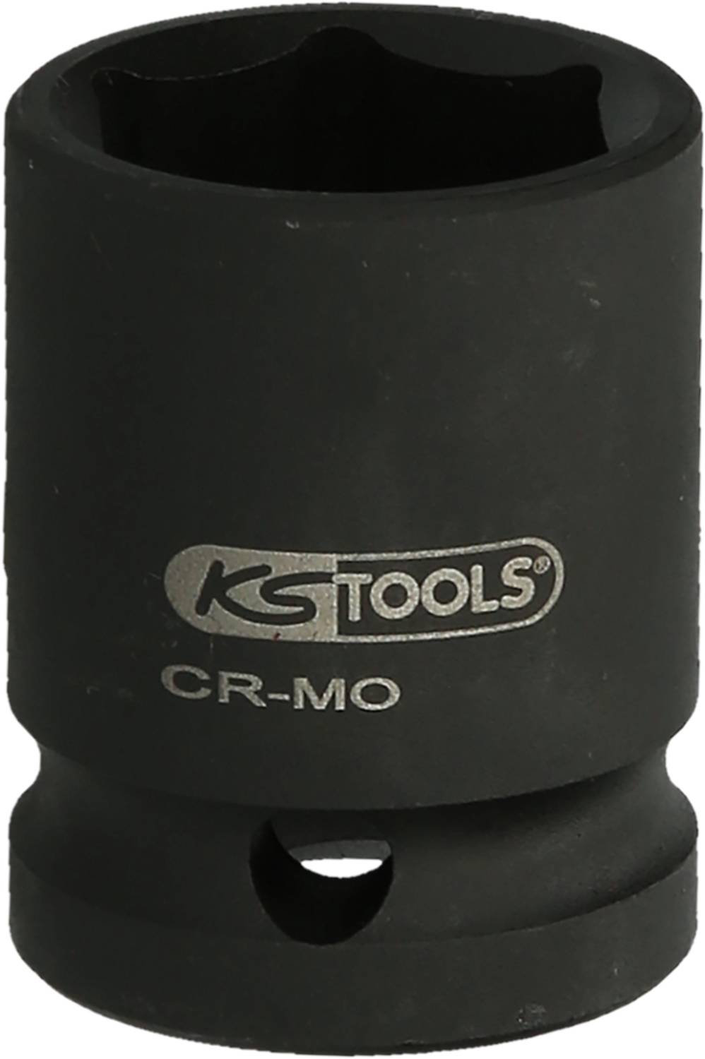 Schwarze KS Tools CR-MO Schraubernuss mit runder Form und Loch am unteren Rand, geeignet für den Einsatz mit Schraubenschlüsseln.