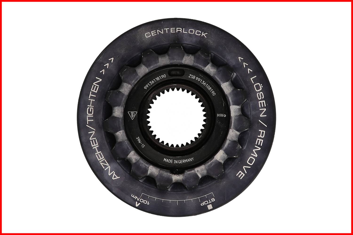 Centerlock-Adapter für Fahrradnaben, zeigt die Positionen zum Anziehen und Lösen. Markierungen für 'Tighten' und 'Remove' sichtbar.