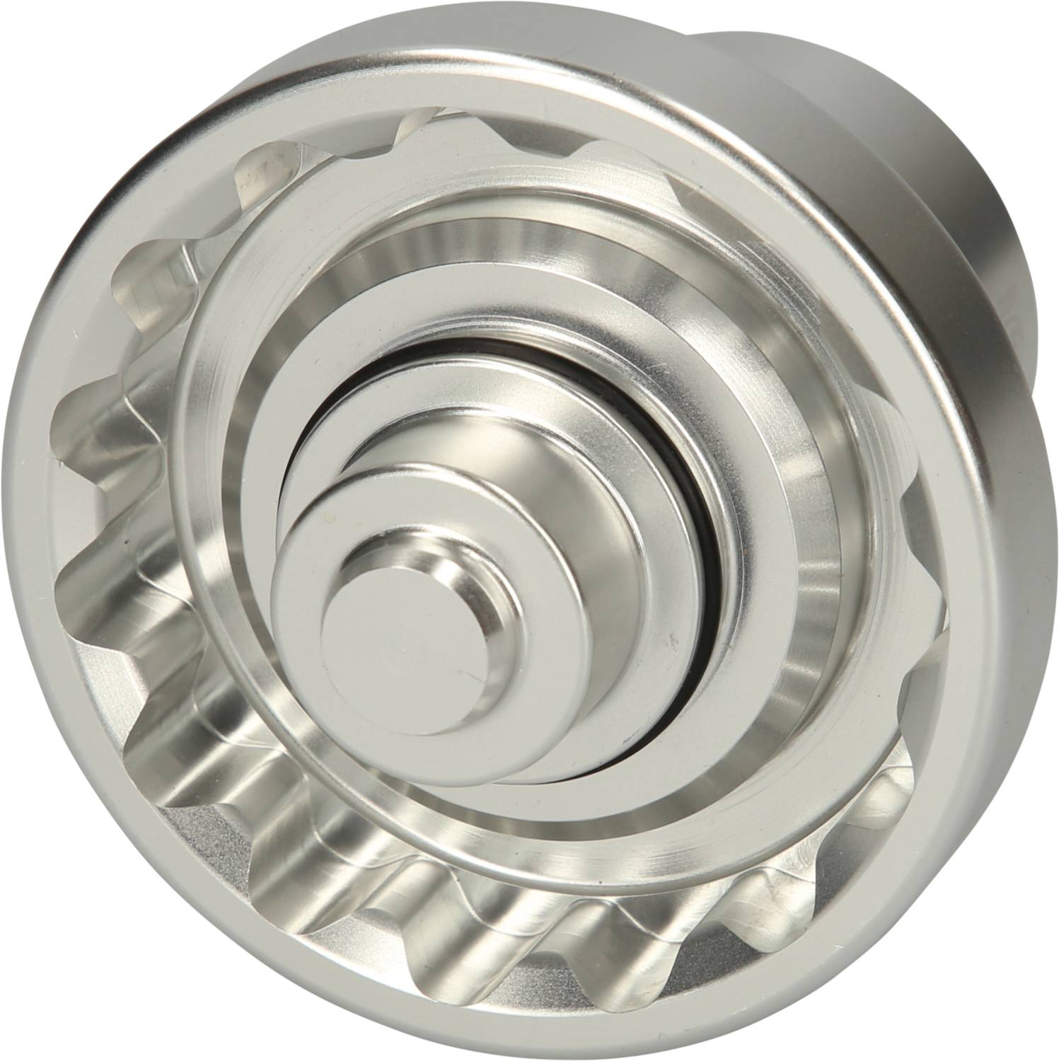 Metallisches Zahnrad mit mehreren kreisförmigen Zahnrädern. Hochglänzende Oberfläche, mechanisches Bauteil.
