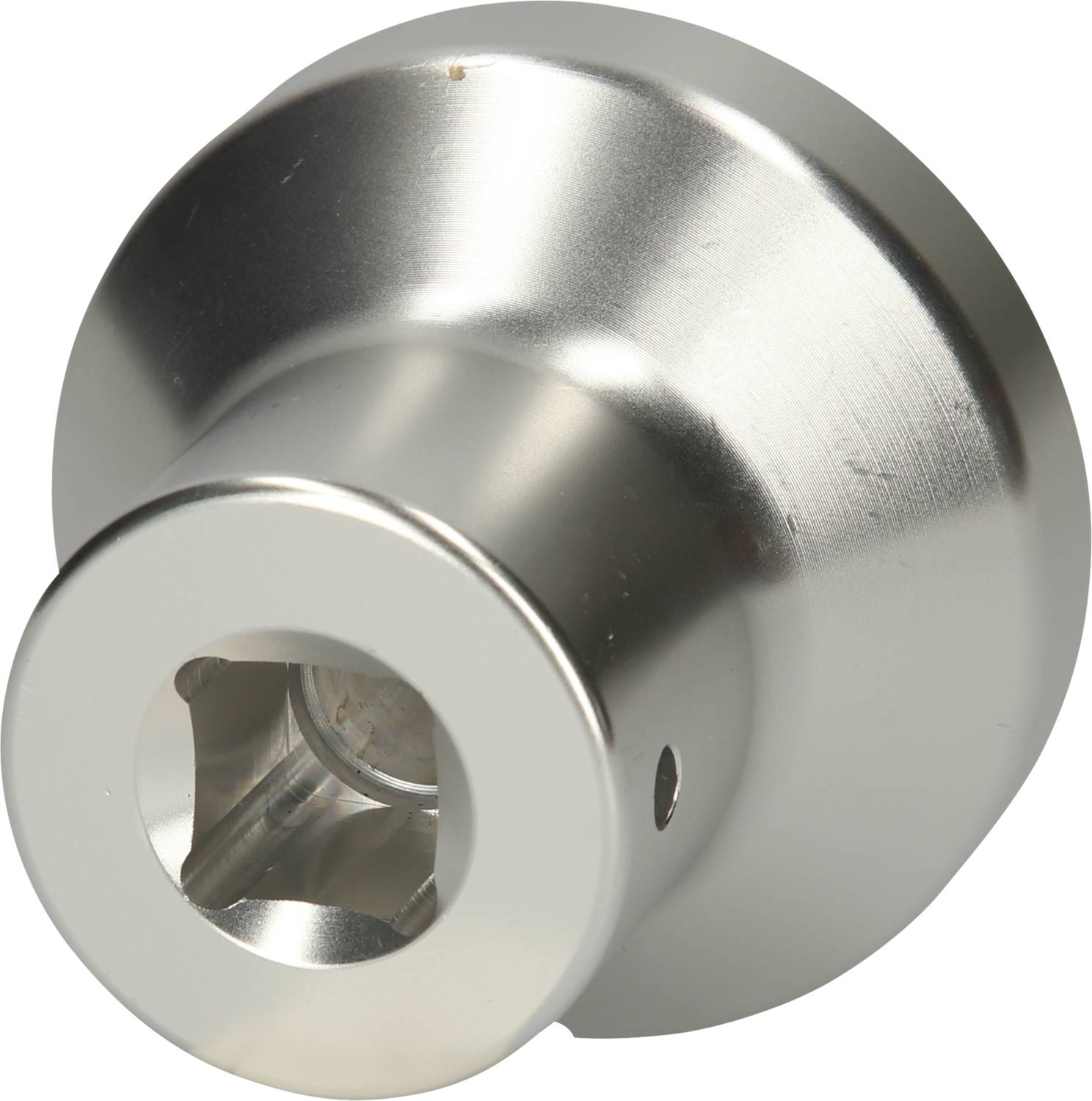 Metallische zylindrische Komponente mit einer zentralen Öffnung und seitlichem Loch, oft verwendet in mechanischen Anwendungen.