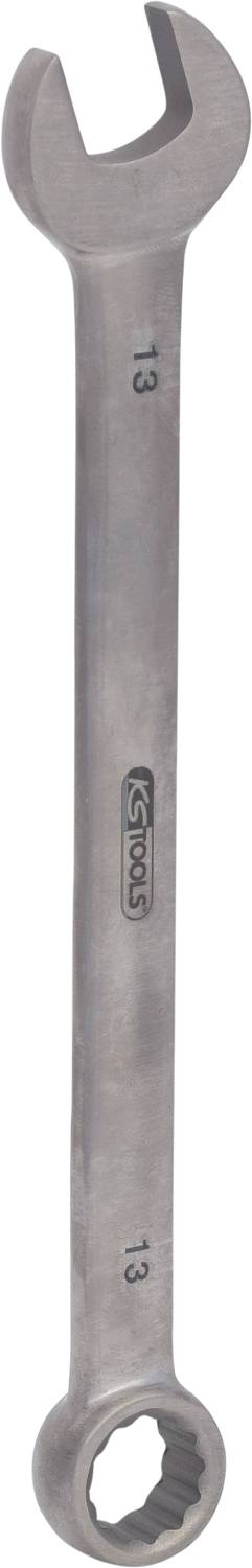 Ein Schraubenschlüssel mit offenem und ringförmigem Ende, beide mit der Größe 13 markiert, aus Metall gefertigt.