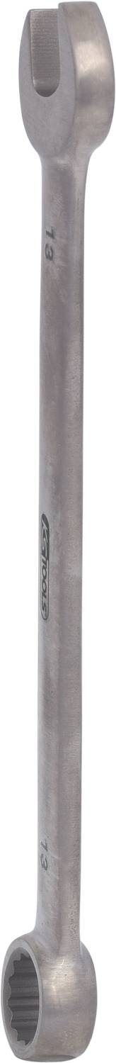 Ein silberner Doppelringschlüssel mit offener und geschlossener Seite. Ideal zum Festziehen oder Lösen von Schrauben und Muttern.