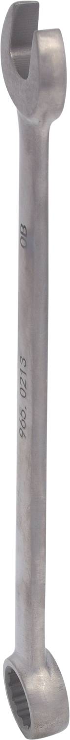 Ein silberner Schraubenschlüssel mit einem offenen und einem Ringschlüsselende, verwendet zum Festziehen von Muttern und Schrauben.