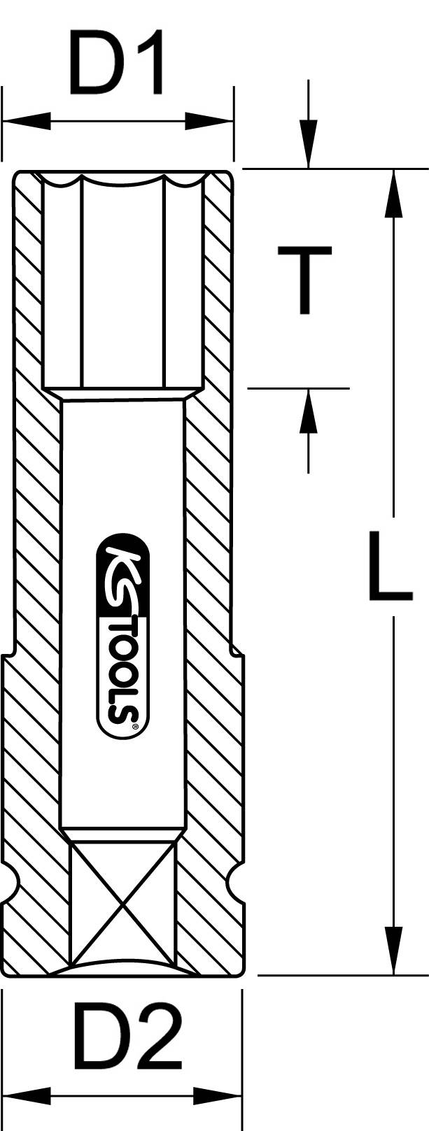 Technische Zeichnung eines Verlängerungsadapters mit Maßen D1, D2, L und T, versehen mit KS Tools-Logo in der Mitte.