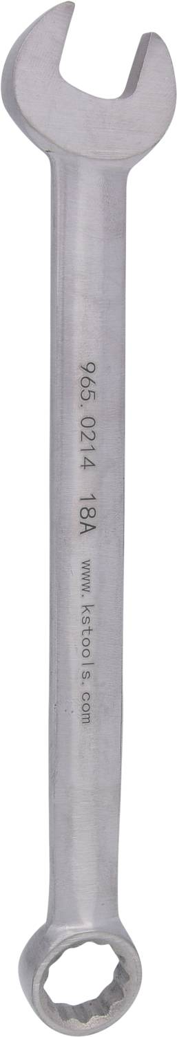 Maulschlüssel aus Metall, eine Seite offen, andere Seite mit Ring, Größe 18 mm. Text auf dem Griff: '965 CR-V 18' und Website-Adresse.