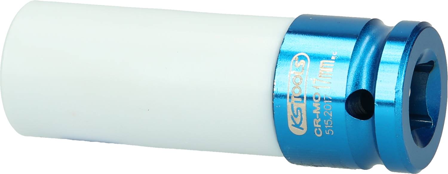 Ein blauer Sechskant-Steckschlüsselaufsatz aus Metall mit weißem Kunststoffschoner, beschriftet mit 'KS Tools 17 mm'.